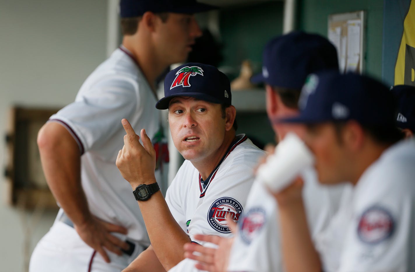 Fort Myers Miracle manger Doug Mientkiewicz talked with his players before Tuesday night game with the Tampa Bay Yankees June 2, 2014 in Fort Myers, Florida. Mientkiewicz was promoted to Class AA manager for the 2015 season.