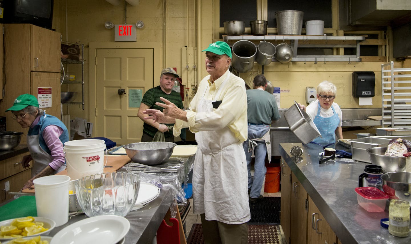 Frank Bielinski, one of the founders of the fish dinners, explains what needs to be done as others begin to clean up and the evening comes closer to an end.] BRIDGET BENNETT SPECIAL TO THE STAR TRIBUNE &#x2022; bridget.bennett@startibune.com Friday, March 6, 2015 at The Church of St. Albert the Great in Minneapolis. The Church of St. Albert the Great hosts fish dinners every Friday during lent. The dinners started with smaller crowds in 1999, but now can get upwards of 1,000 attendees making it