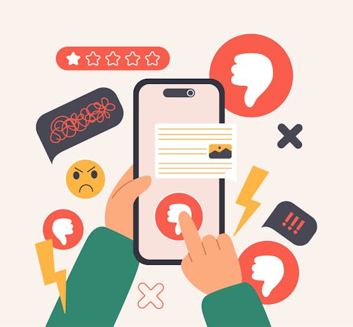 A cartoon vector illustration of a bad negative comment, complaint of customer in online survey service. Hands of a client hold a smartphone to press dislike button on social media or send poor review.