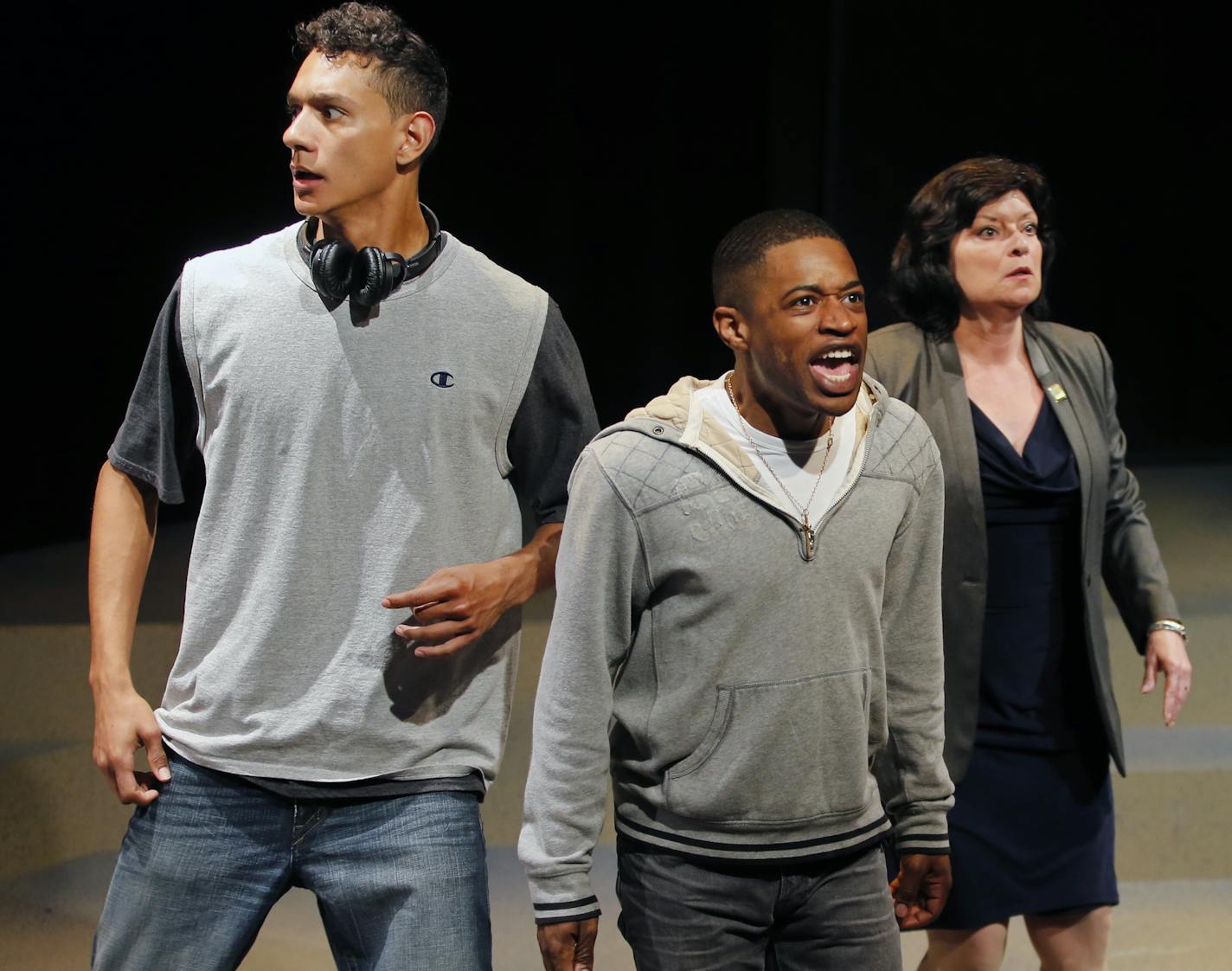 The Pillsbury House Theatre in South Minneapolis is putting on "Prep" about navigating life at an urban h.s. Ryan Colbert, left, plays student Chris, Kory LaQuess Pullam plays student Oliver, while Jodi Kellogg plays Miss Michelle, the principal.]Richard Tsong-Taatarii/rtsong-taatarii@startribune.com