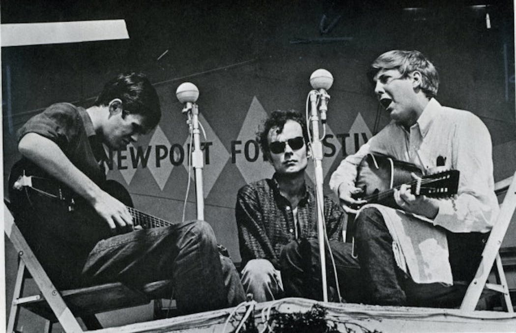 Spider John Koerner, left, performed with Tony Glover and Dave Ray at the Newport Folk Festival in 1965.