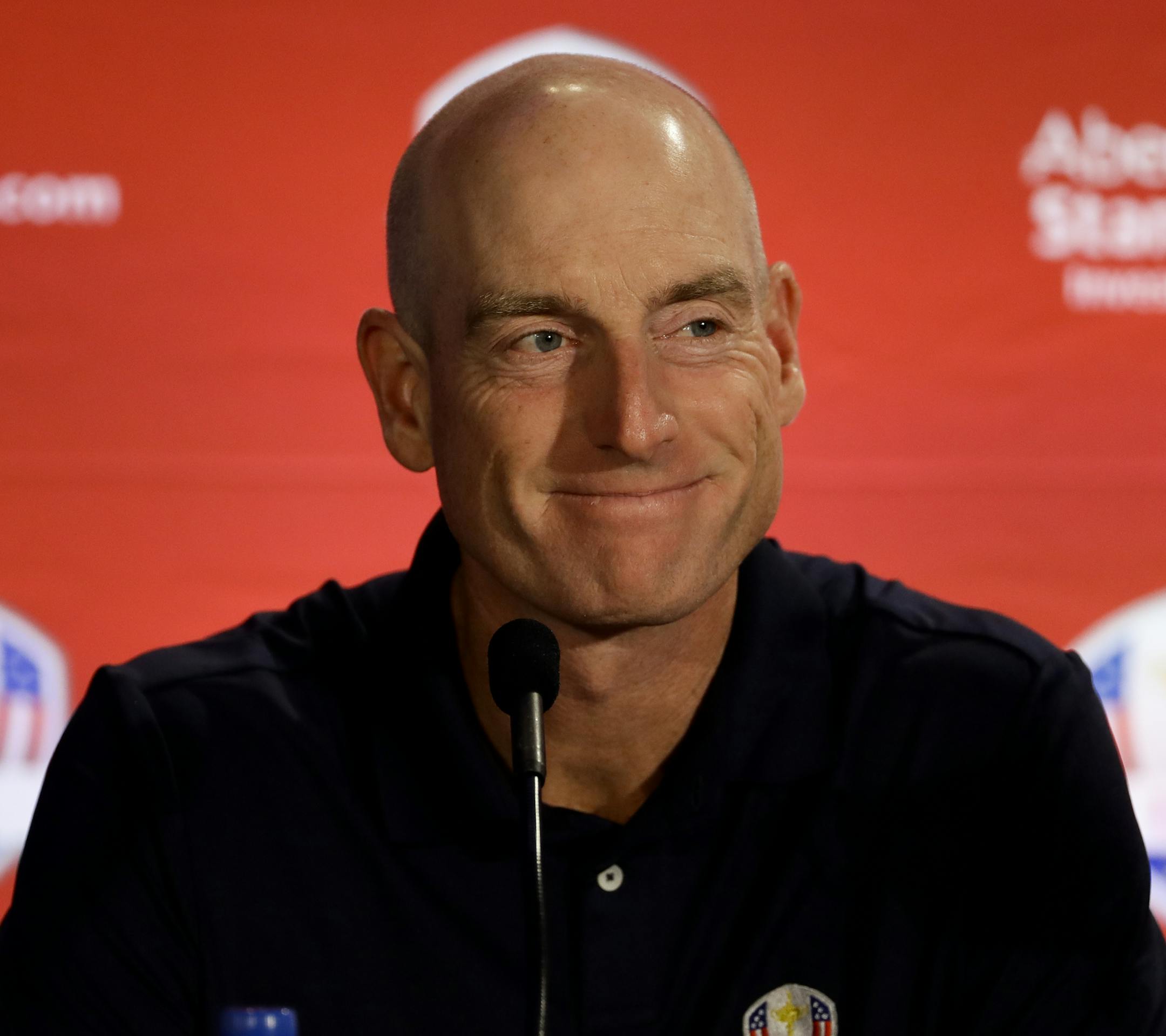 Jim Furyk, 2018 U.S. Ryder Cup Team Captain, speaks during a news conference to announce the captain's picks, Tuesday, Sept. 4, 2018, in West Conshohocken, Pa. (AP Photo/Matt Slocum)