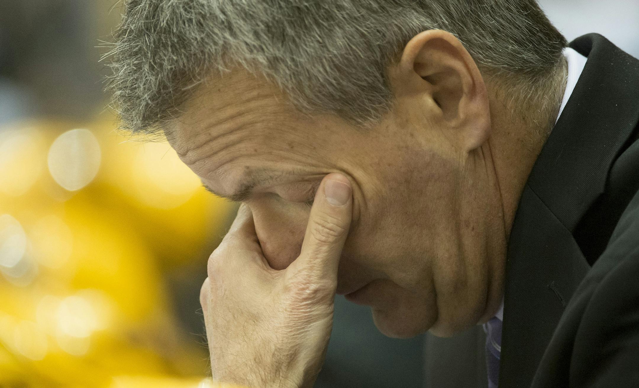 University of Minnesota head coach Don Lucia is visibly frustrated after the Gophers allowed two goals to tie up the game late in the third period. ] (Aaron Lavinsky | StarTribune) The University of Minnesota Gophers hockey team plays against the Wisconsin Badgers on Friday, Jan. 16, 2015 at Mariucci Arena.