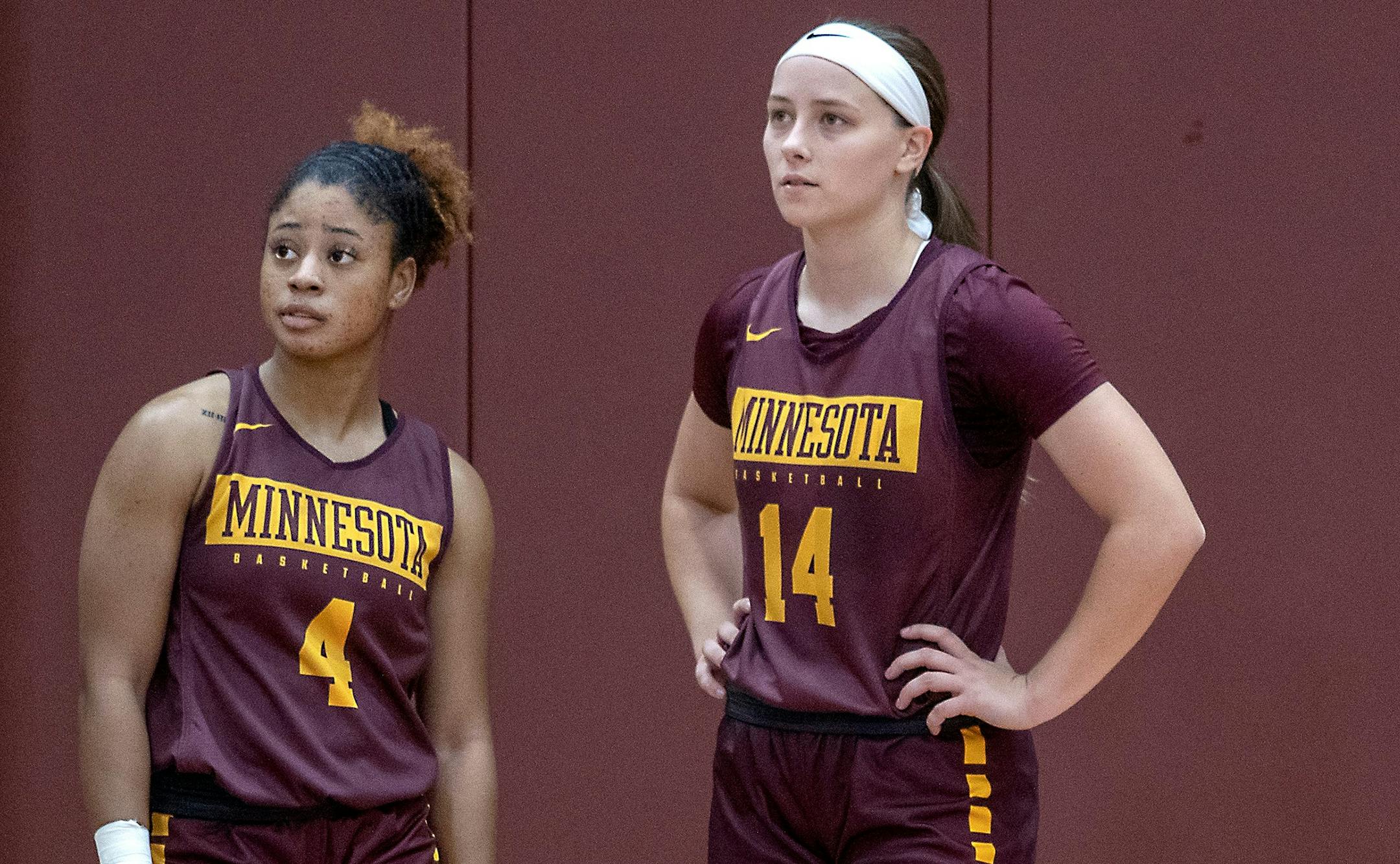 Minnesota Gophers guards guards Jasmine Powell (#4), left, and Sara Scalia (#14), right, took to the court for practice at the University of Minnesota's Athlete's Village, Thursday, October 28, 2021 in Minneapolis, MN. ] ELIZABETH FLORES • liz.flores@startribune.com