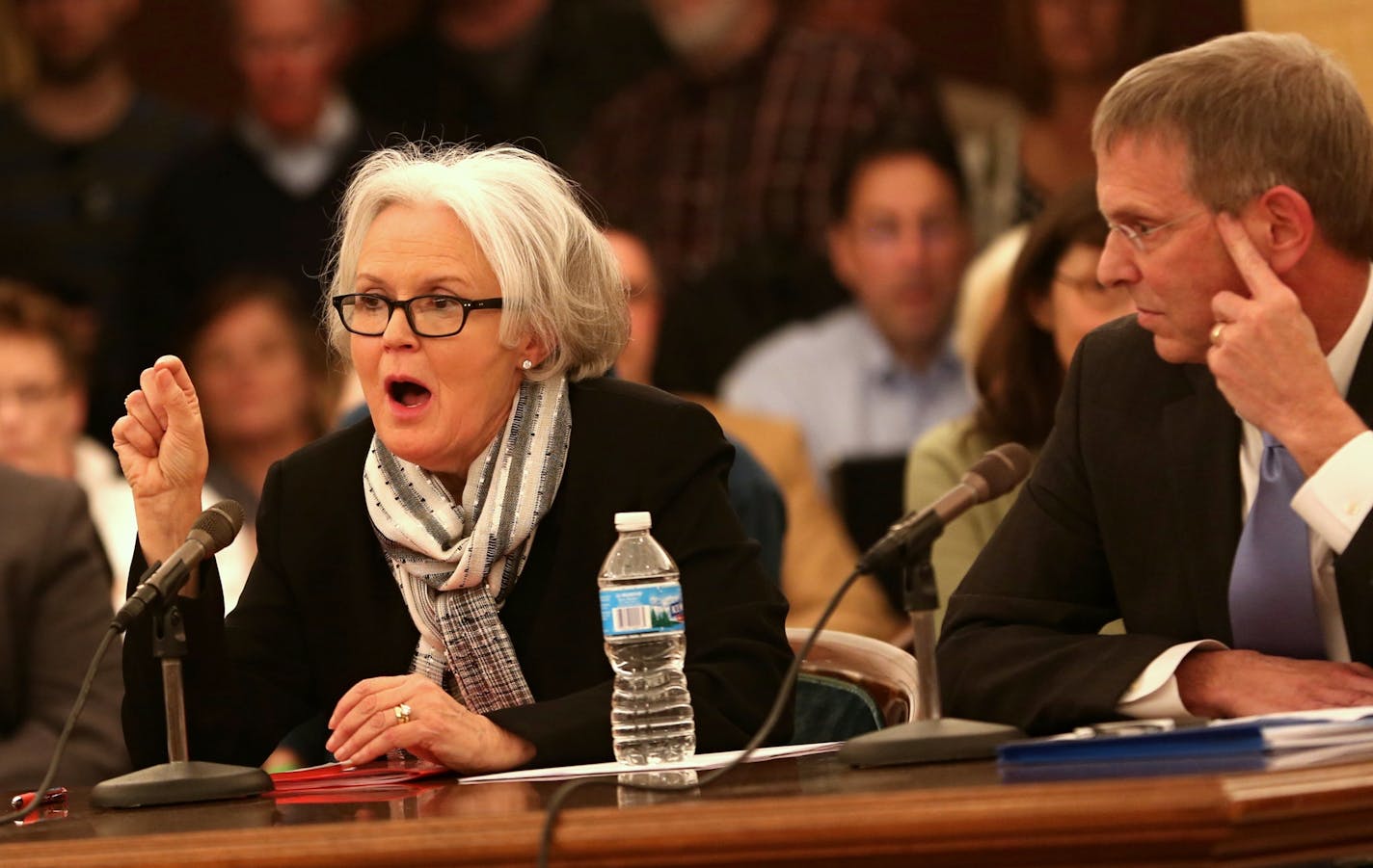 Sanford Health senior vice president and chief operating officer Becky Nelson gave testimony at a hearing with Minnesota attorney general Lori Swanson on the proposed takeover of the University of Minnesota Medical Center and Fairview Health Systems by South Dakota's Sanford Health during a hearing at the Minnesota State Capitol on Sunday, April 7, 2013, in St. Paul, Minn. ] (RENEE JONES SCHNEIDER * reneejones@startribune.com)