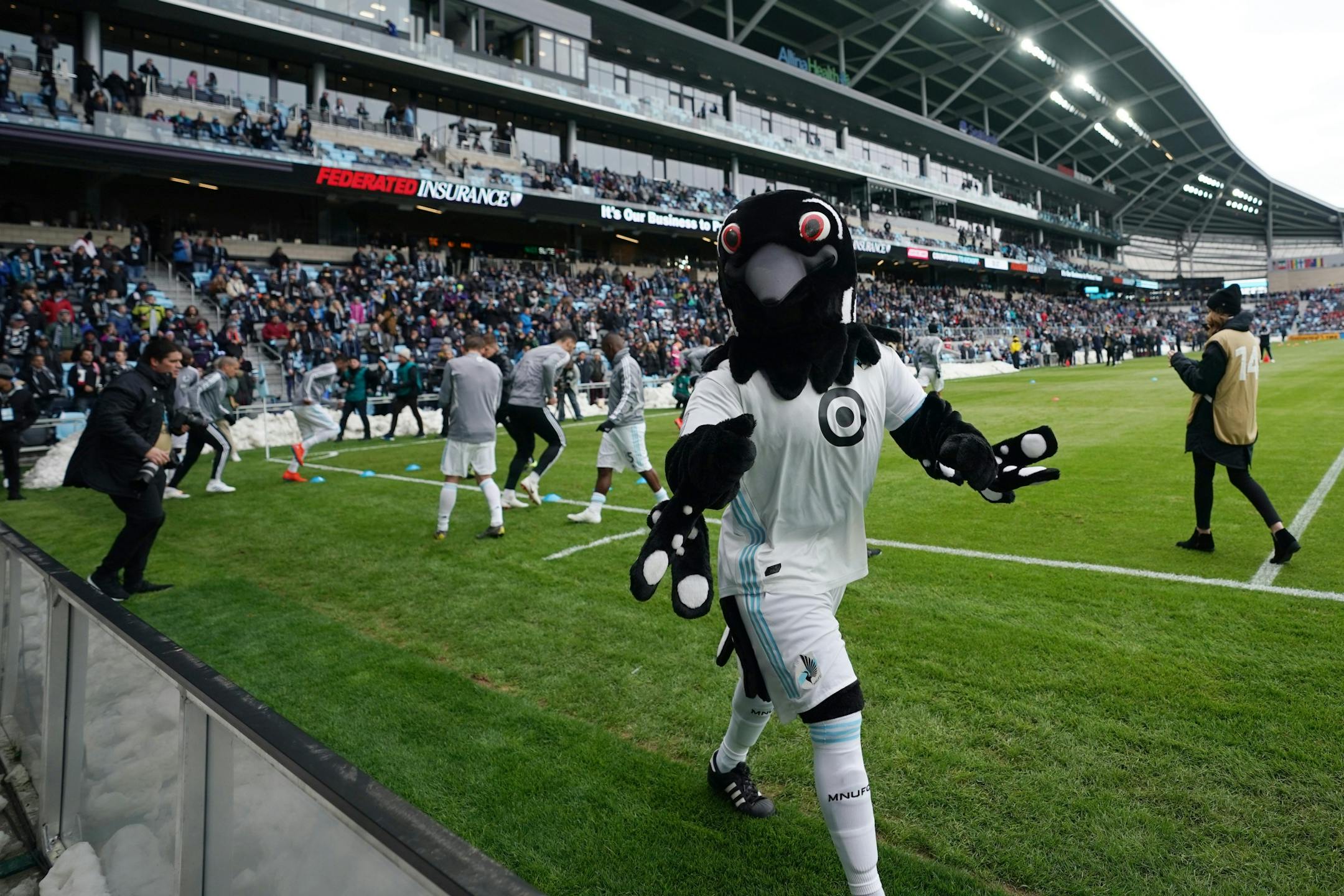 Minnesota United's mascot PK the loon wandered the field as players warmed up ahead of Saturday's Minnesota United home opener against New York City at Allianz Field.