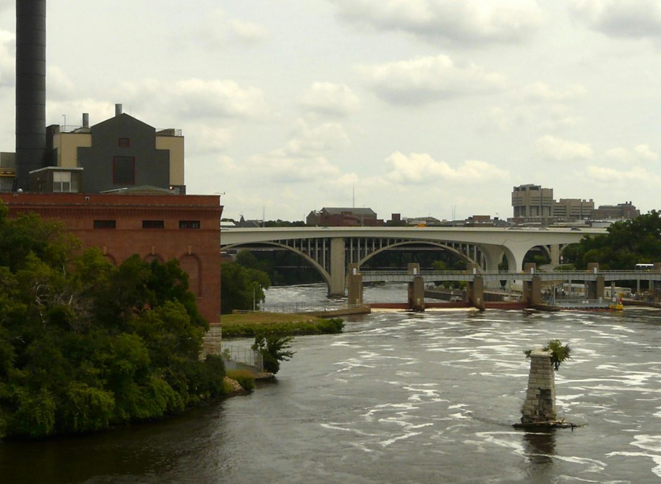 The remains of an old bridge pier stands in the Mississippi River in Minneapolis.