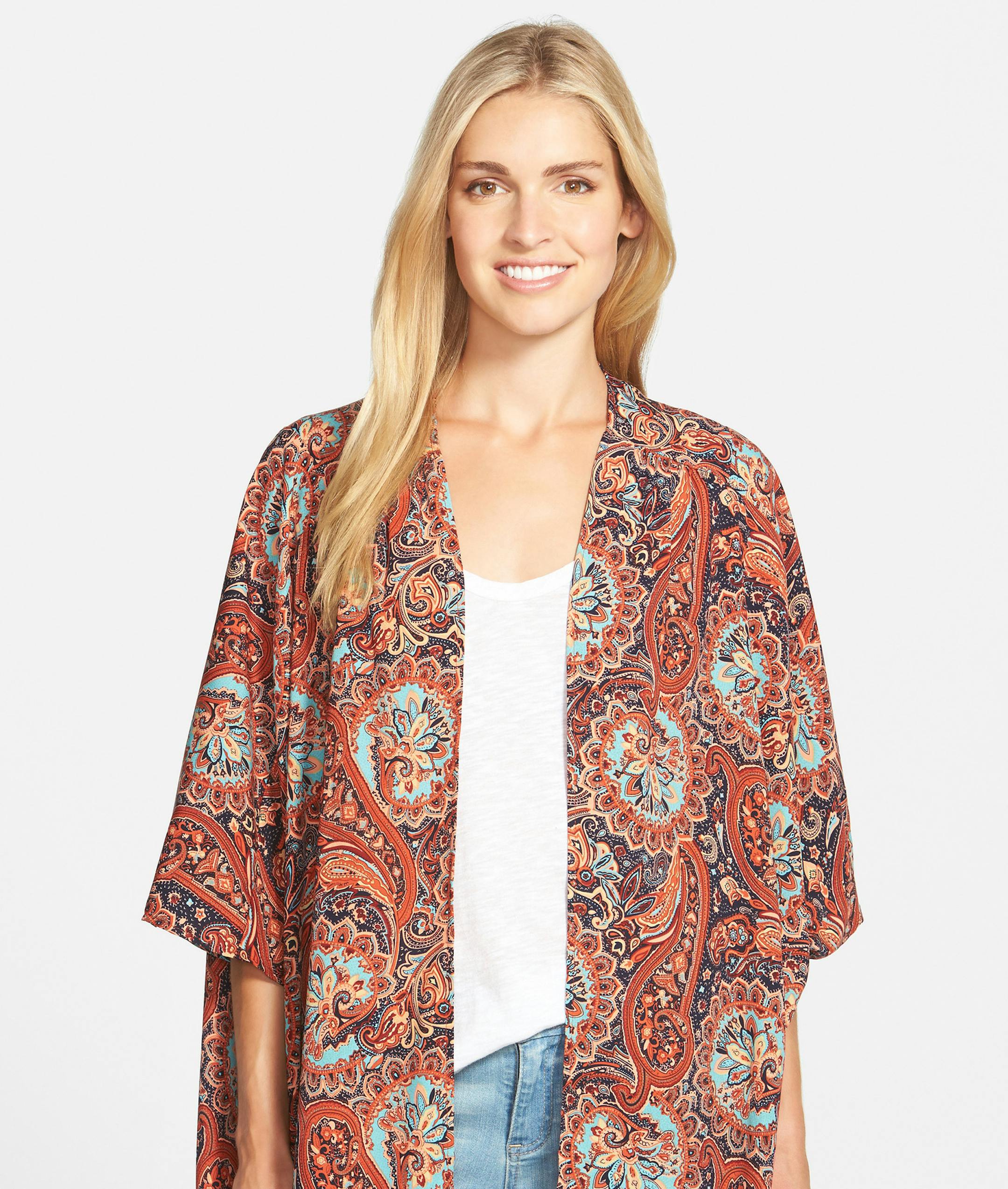 Breezy kimonos like this Caslon paisley one, $48, nordstrom.com, bring a hohemian flair to a basic look. (Nordstrom) ORG XMIT: 1172542