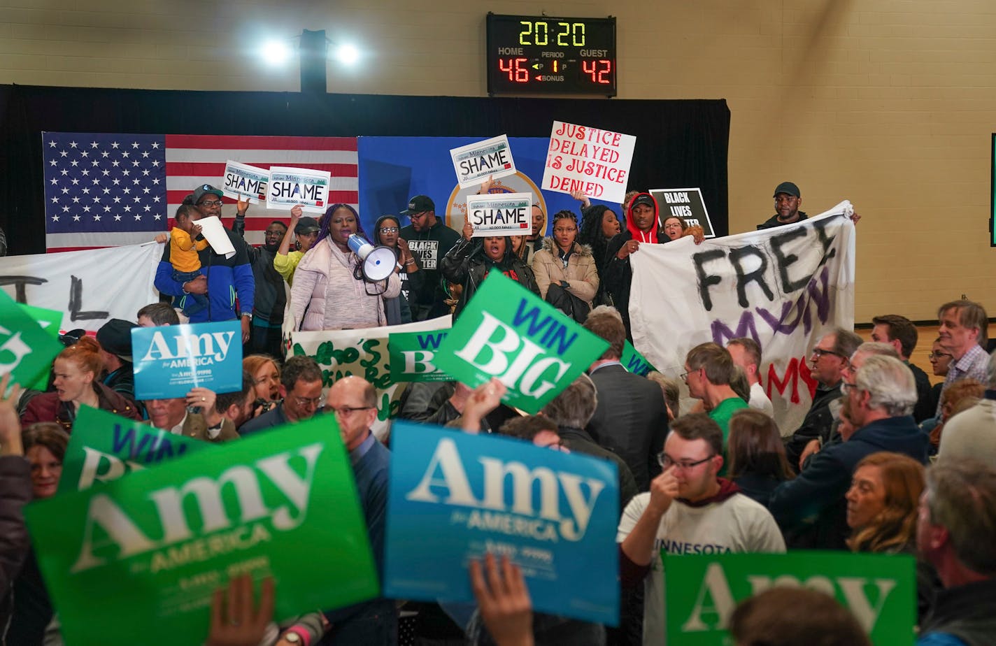 Protesters shouting "Free Myon" and "Black Lives Matter" took over the rally before Amy Klobuchar was to speak at a rally two nights before Super Tuesday at St. Louis Park High School.