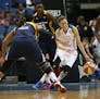 Lynx reserve guard Anna Cruz dribbled passed Indiana's Erlana Larkins during the first half of Game 2 of the WNBA Finals at Target Center on Tuesday.