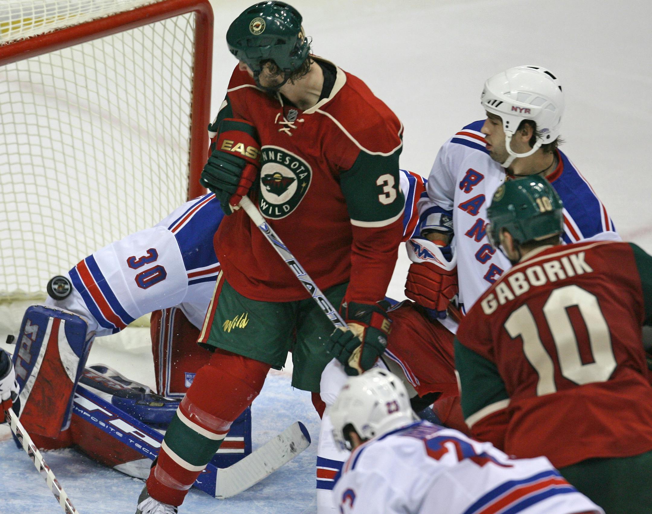 Minnesota Wild vs. N.Y. Rangers. (far right) Marian Gaborik scored his 4th goal banking the puck off the arm of Rangers goalie Henrik Lundqvist in 3rd period action.