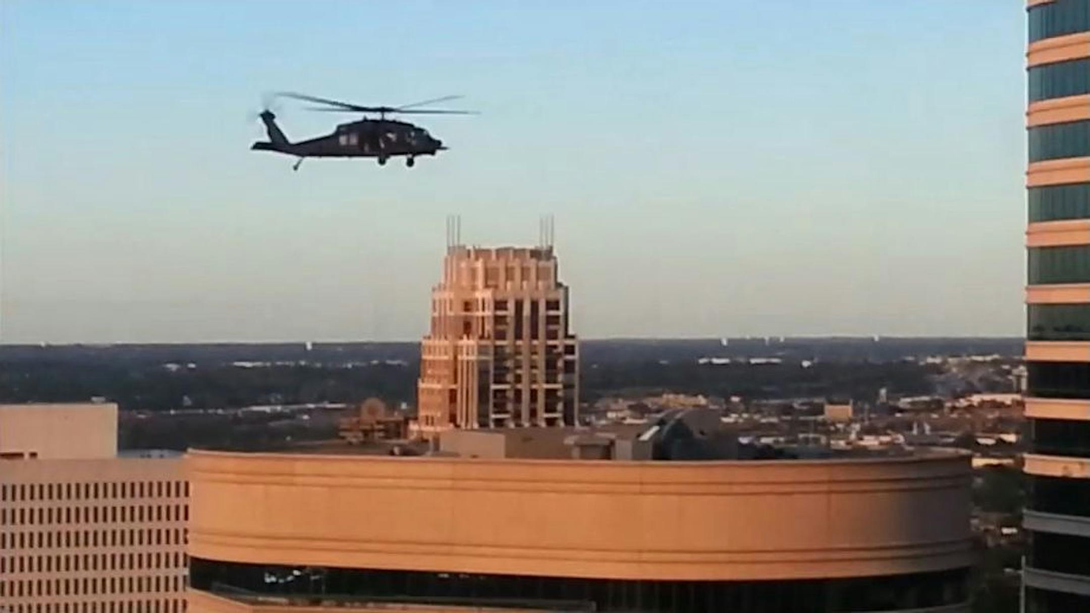 One of the helicopters seen this week flying over downtown Minneapolis in a photo from video taken from the Wells Fargo Bank building.