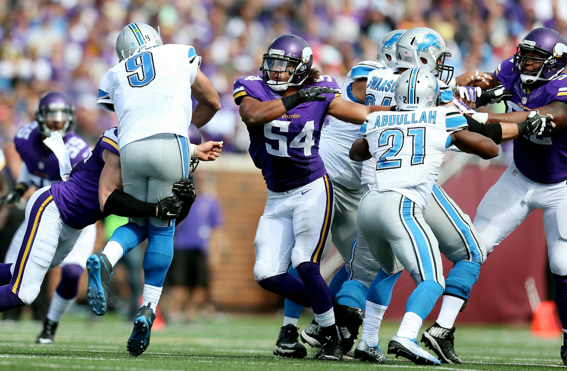 Rookie linebacker Eric Kendricks (54) helped pressure Detroit quarterback Matthew Stafford during the Vikings' 26-16 victory on Sept. 20.
