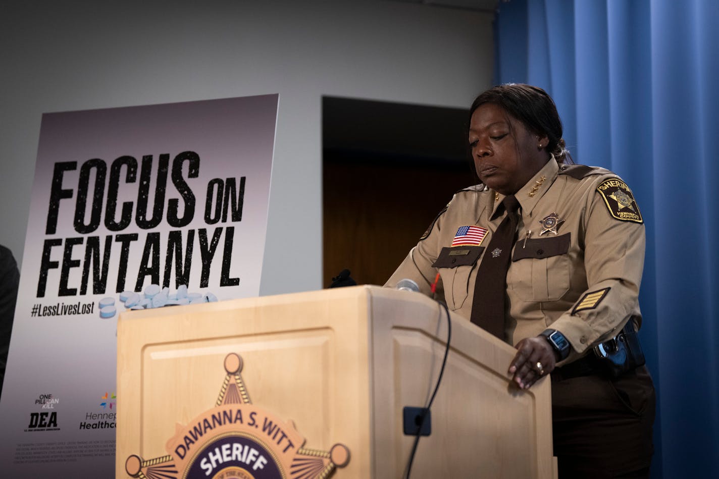 Hennepin County Sheriff Dawanna Witt at times became emotional during a press conference about the drastic increase in Fentanyl deaths in Hennepin County at the Hennepin County Sheriff's Office at City Hall on Thursday, Sept. 14, 2023 in Minneapolis, Minn. ] RENEE JONES SCHNEIDER • renee.jones@startribune.com