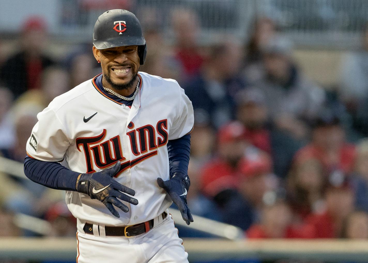 Minnesota Twins' Byron Buxton reacts after being hit by a pitch in the fourth inning of a baseball game against the Cincinnati Reds, Monday, June 21, 2021, in Minneapolis. (Carlos Gonzalez/Star Tribune via AP)