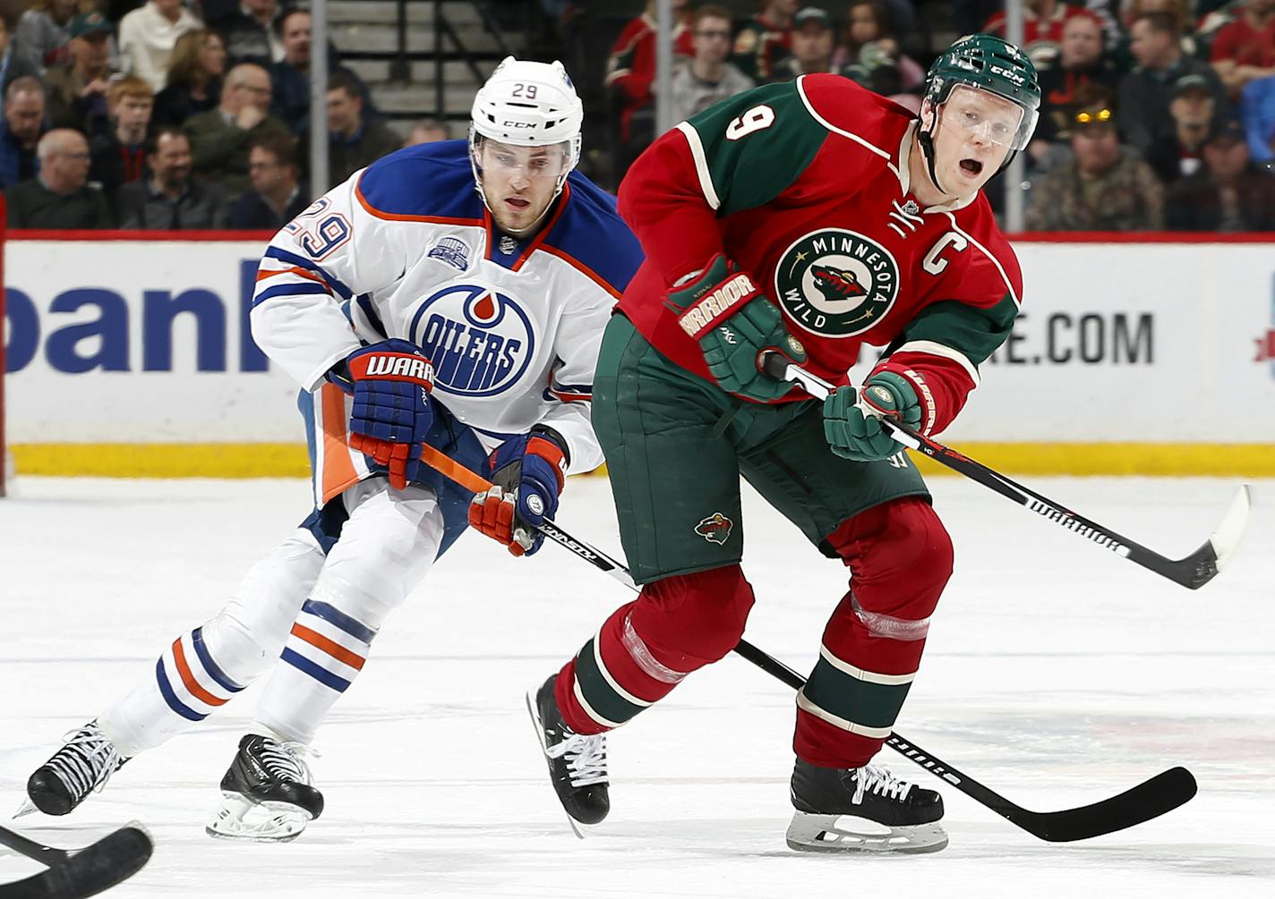 Mikko Koivu (9) passed the puck up the ice in the first period. ] CARLOS GONZALEZ cgonzalez@startribune.com - March 10, 2016, St. Paul, MN, Xcel Energy Center, NHL, Minnesota Wild vs.