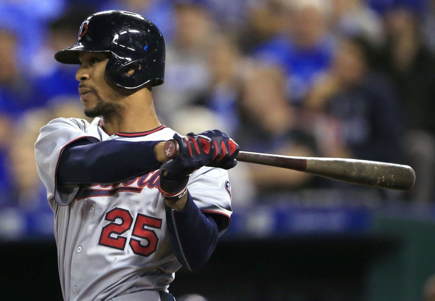 Minnesota Twins' Byron Buxton follows through on a two-run triple off Kansas City Royals starting pitcher Danny Duffy during the seventh inning of a baseball game at Kauffman Stadium in Kansas City, Mo., Thursday, Sept. 29, 2016.