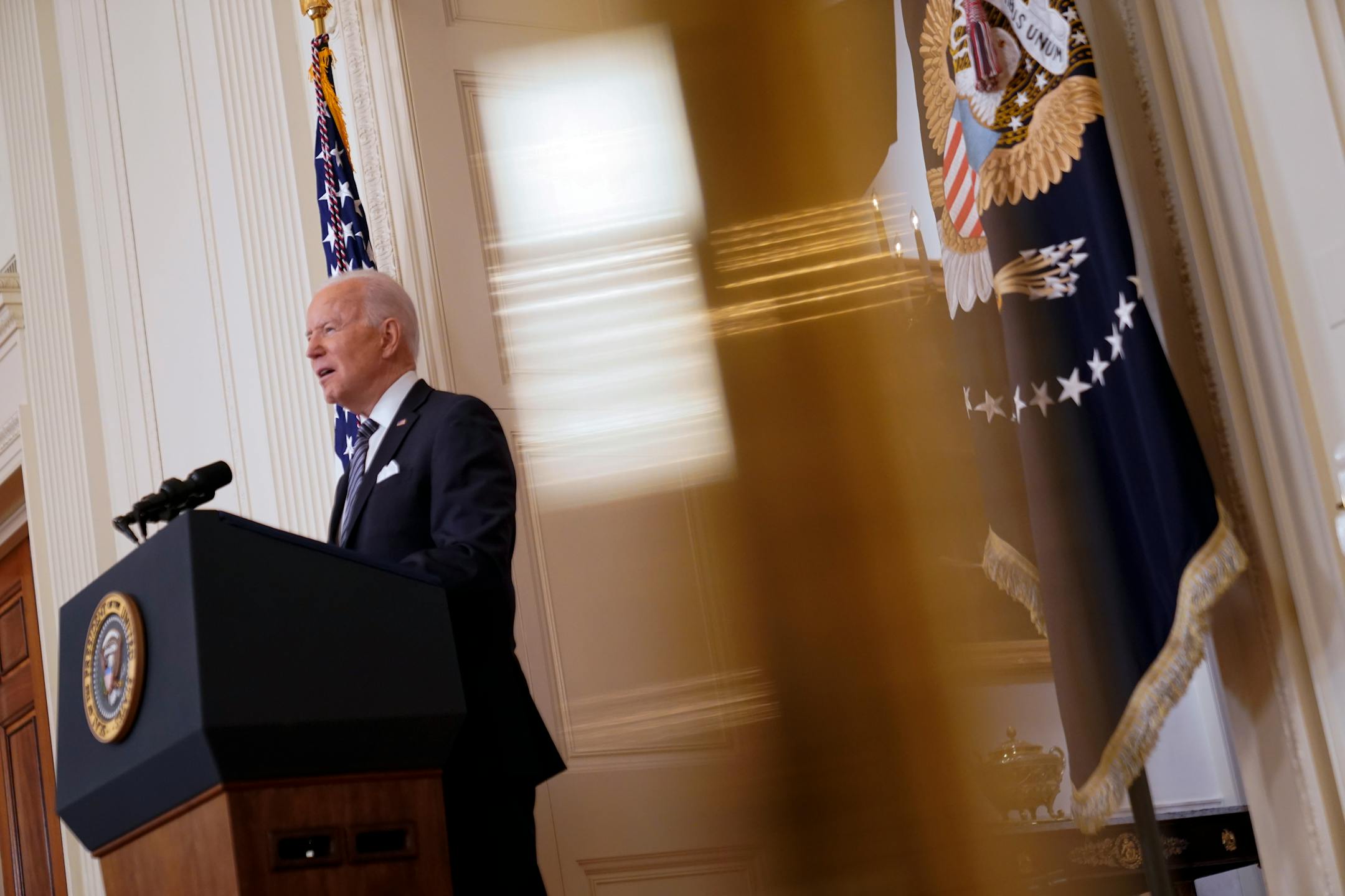 President Joe Biden speaks about the COVID-19 pandemic during a prime-time address from the East Room of the White House, Thursday, March 11, 2021, in Washington.