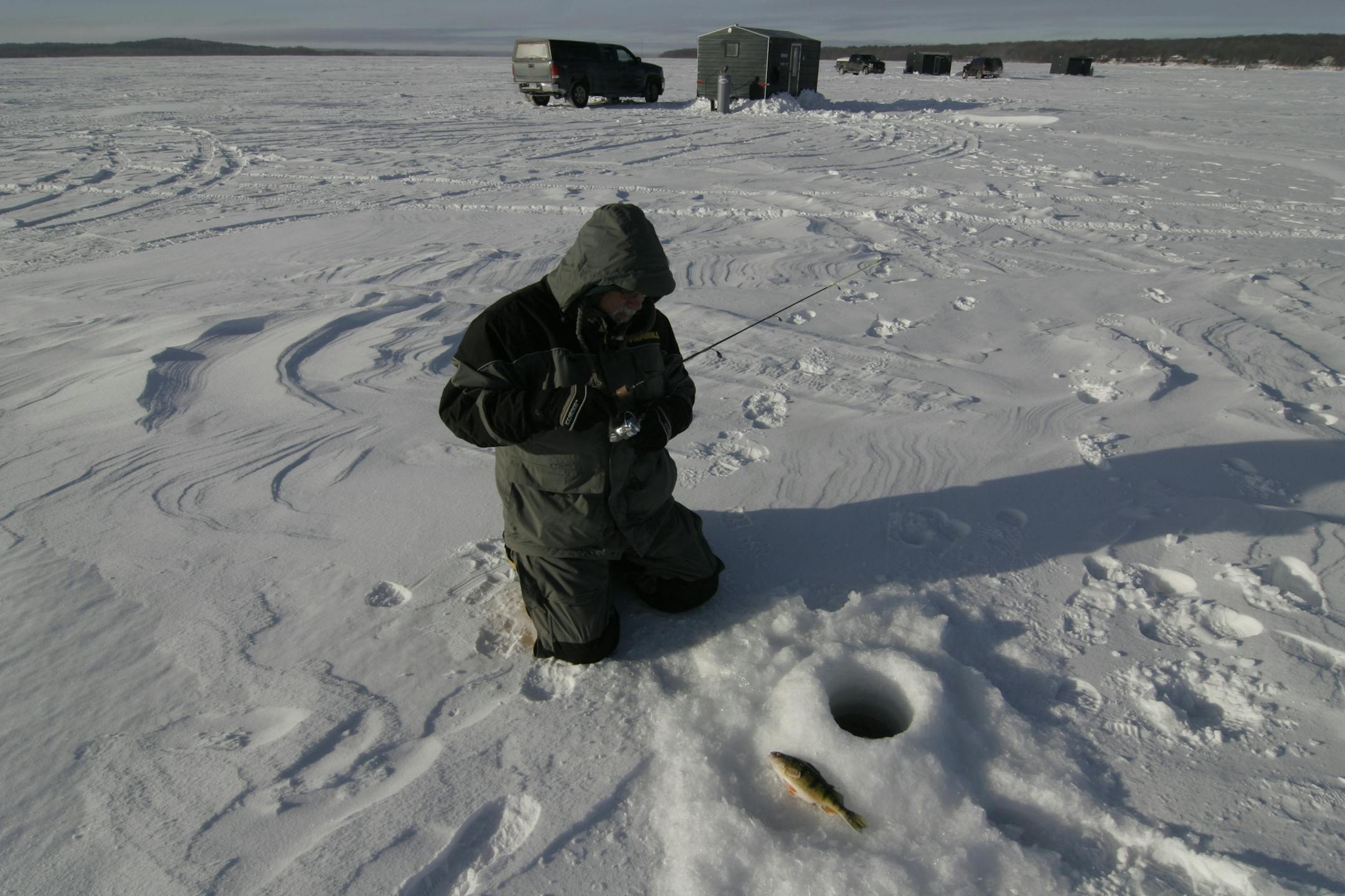 Doug Smith/Star Tribune; Jan. 23, 2014, Leech Lake, Mn. David Keen, 66, of Winona, fishes through 3-feet of ice at Leech Lake. Though his group had rented a heated fish house, he had better luck moving around to different spots outside. "It's not bad if you're dressed right,'' he said.