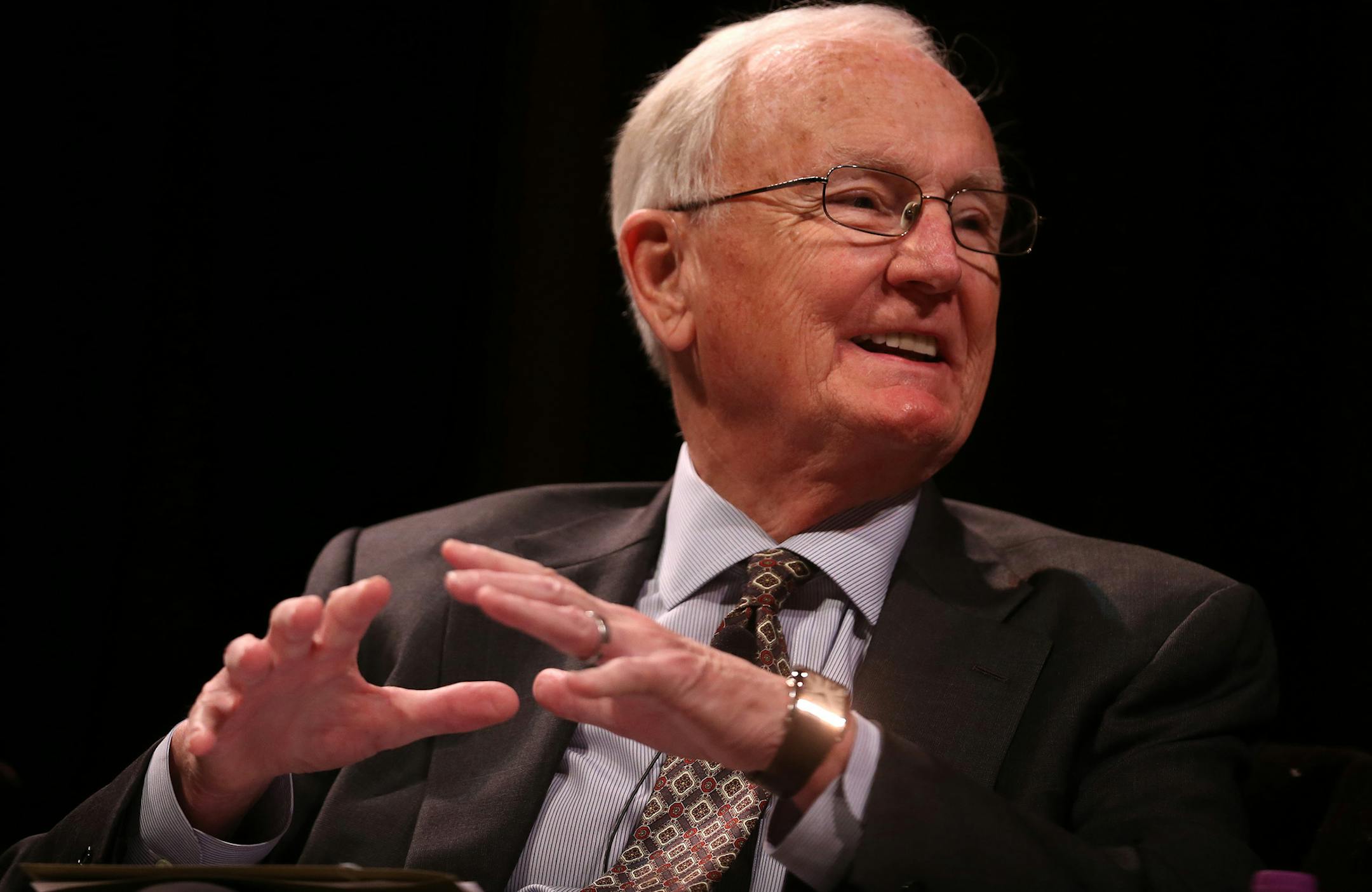 Past University of Minnesota president Nils Hasselmo participates in a panel discussion with six presidents of the University of Minnesota at Northrop Auditorium in Minneapolis on Monday, May 4, 2015. ] LEILA NAVIDI leila.navidi@startribune.com /