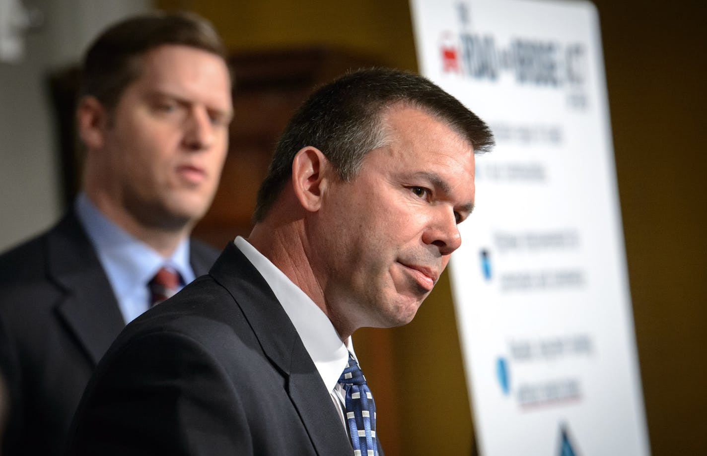 House transportation committee chair Rep. Tim Kelly, R-Red Wing spoke at a press conference unveiling the Republican transportation plan. Behind him, House Speaker Kurt Daudt, R-Crown. ] GLEN STUBBE * gstubbe@startribune.com Monday, March 23, 2015 Leading Republicans in the Minnesota Legislature unveil their alternative to Gov. Mark Dayton's 10-year, $11 billion roads, bridges and transit proposal. The GOP is promising a "10-year, comprehensive approach to prioritizing road and bridge infrastruc