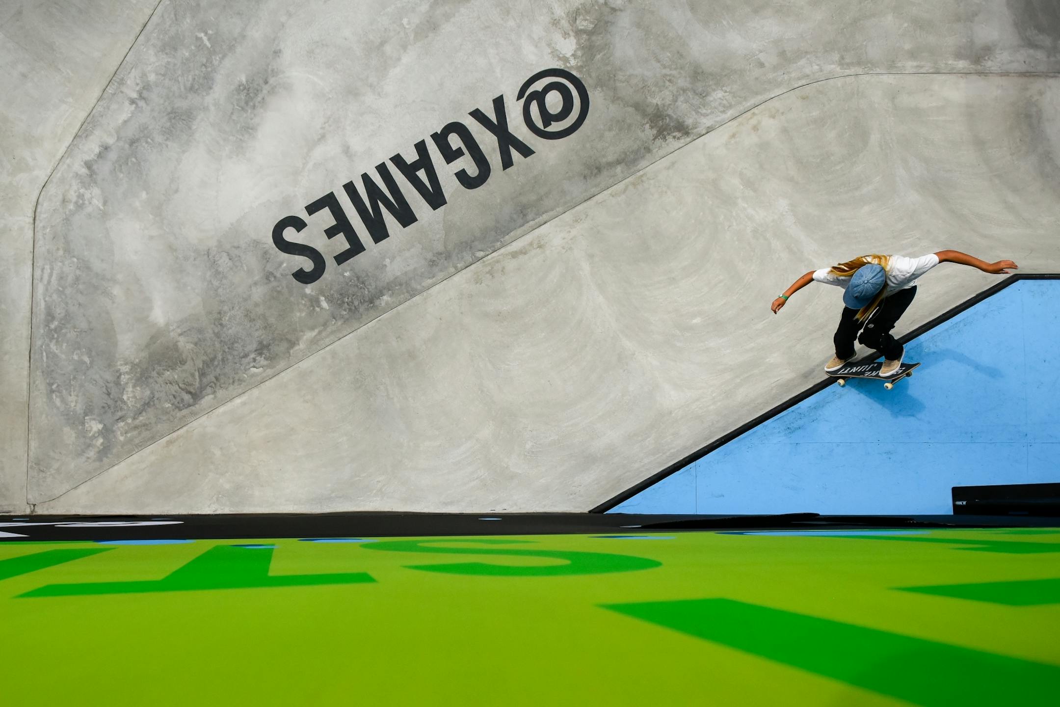A skateboarder competing in the women's street contest practiced Wednesday at US Bank Stadium.