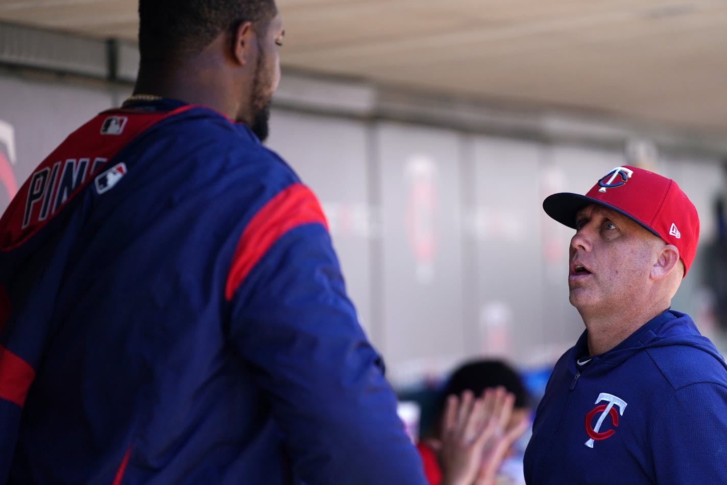 Minnesota Twins starting pitcher Michael Pineda (35) talked with Minnesota Twins pitching coach Wes Johnson.