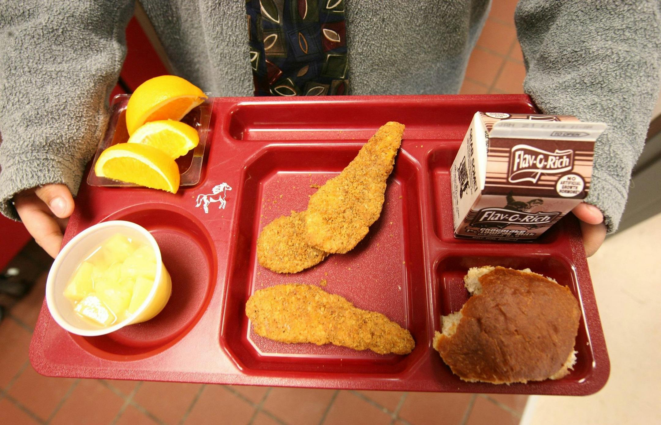 Michael Saucedo, age 9, showed his plate of chicken strips, chocolate milk, fruit cup, oranges and wheat bread, at Russell Cave Elementary School in Lexington, Ky., Wednesday, Jan. 13, 2010. The chicken strips are fried before arriving at the school, then are reheated using a steam and convection oven. Debate in Washington over a controversial school lunch waiver has spread into the Bluegrass State, where proponents say the innocuous proposal helps rural schools, and which critics argue threaten
