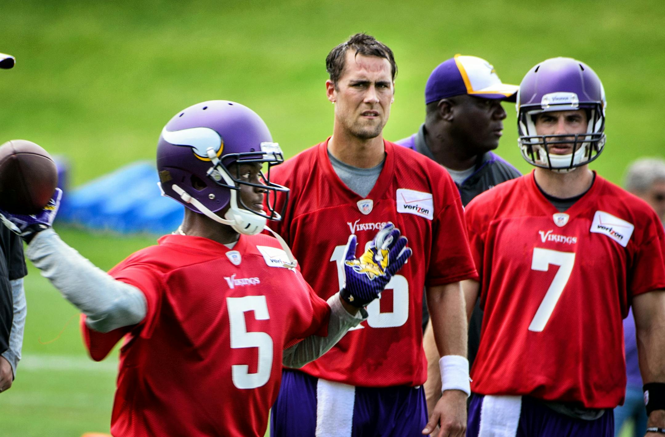 Quaterbacks #5 Teddy Bridgewater, #7 Christian Ponder #16 Matt Cassel. Vikings mini-camp in Winter Park. ] GLEN STUBBE * gstubbe@startribune.com Tuesday June 17, 2014