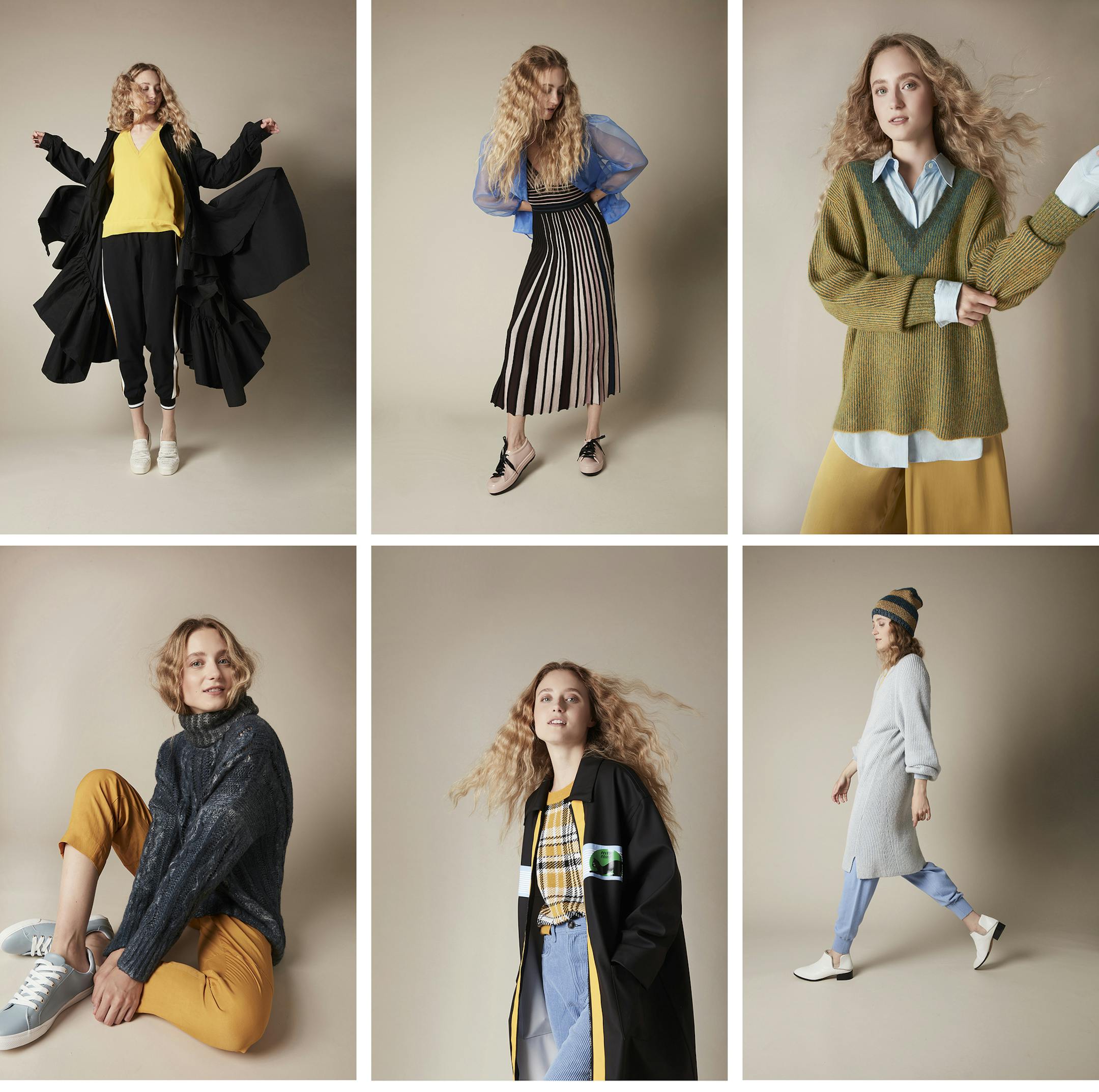 Fall looks (from top): Black magic, fall flare, earth to shore, funnel of love, varsity squad and beach walk. See details below. Photographer: Lauren Krysti, laurenkrysti.com; Creative Director and Stylist: Barbara Schmidt, studiobstyle.com; Hair and Makeup Fatima Olive, fatimaolive.com; Model: Callie McLaughlin