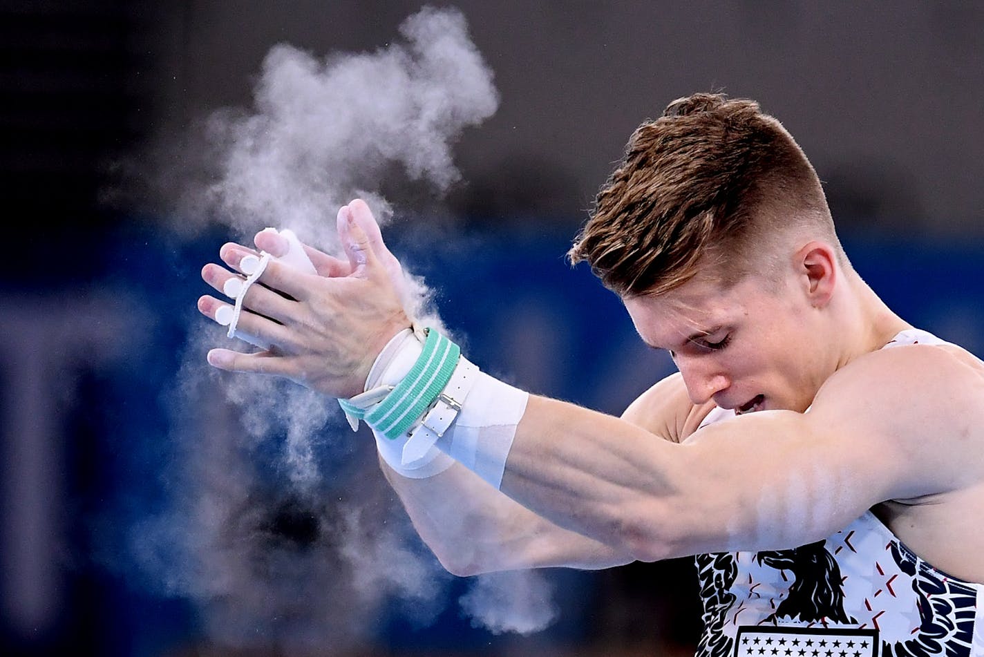 The United States' Shane Wiskus celebrates after competing on the high bar during Men's Team Gymnastics qualifying at the 2020 Tokyo Olympics on Saturday, July 24, 2021, in Tokyo. (Wally Skalij/Los Angeles Times/TNS) ORG XMIT: 22644811W