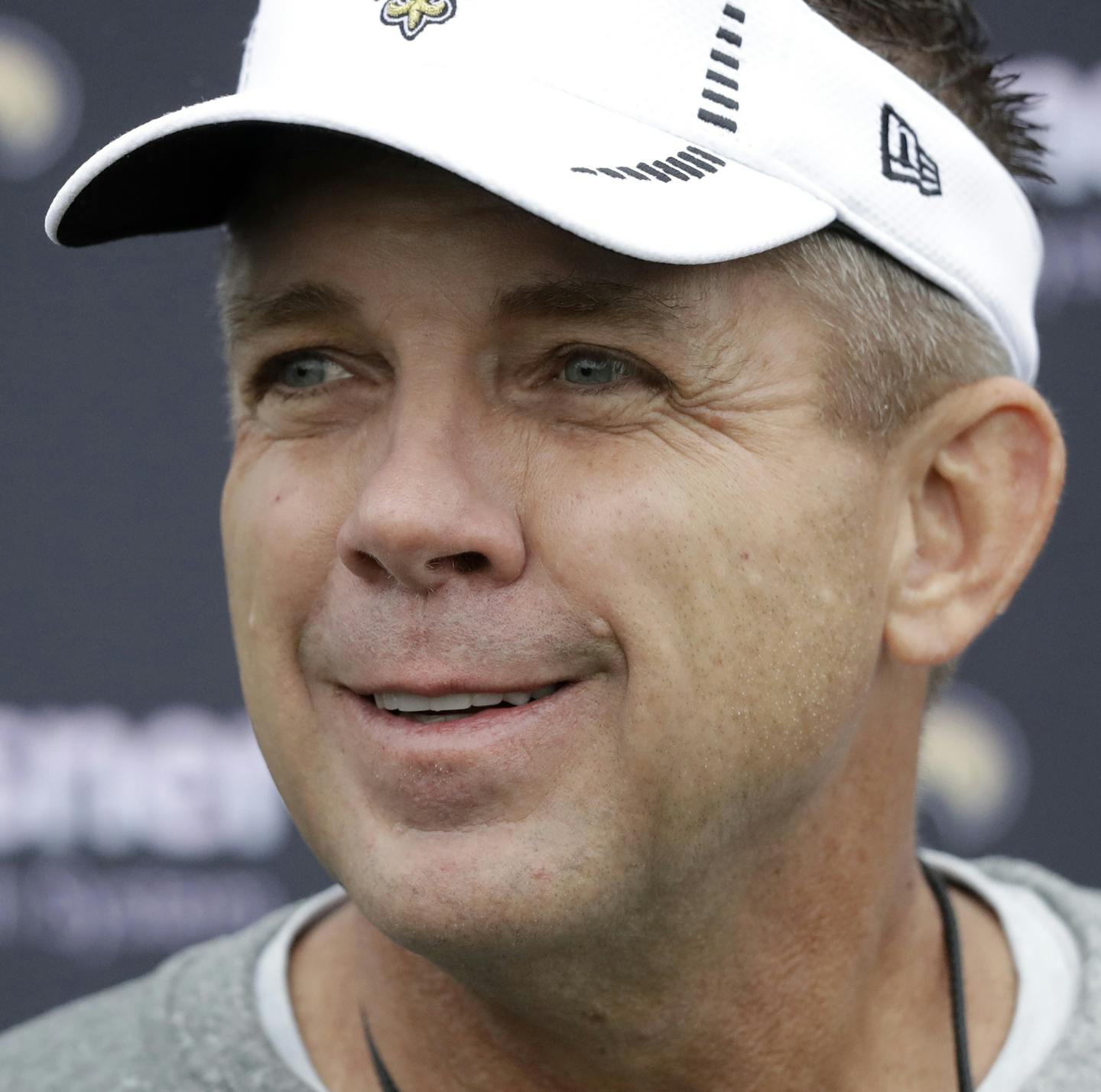 New Orleans Saints head coach Sean Payton stands in the rain as he speaks to the media at the end of an NFL training session at the London Irish rugby team training ground in the Sunbury-on-Thames suburb of south west London, Friday, Sept. 29, 2017. The New Orleans Saints are preparing for an NFL regular season game against the Miami Dolphins at London's Wembley stadium on Sunday. (AP Photo/Matt Dunham) ORG XMIT: LMD124