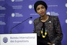 Minneapolis Representative Ilhan Omar delivers a speech at the 162nd General Assembly of BIE, in Paris, Wednesday, Nov. 15, 2017. The Bureau Internati