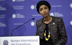 Minneapolis Representative Ilhan Omar delivers a speech at the 162nd General Assembly of BIE, in Paris, Wednesday, Nov. 15, 2017. The Bureau Internati