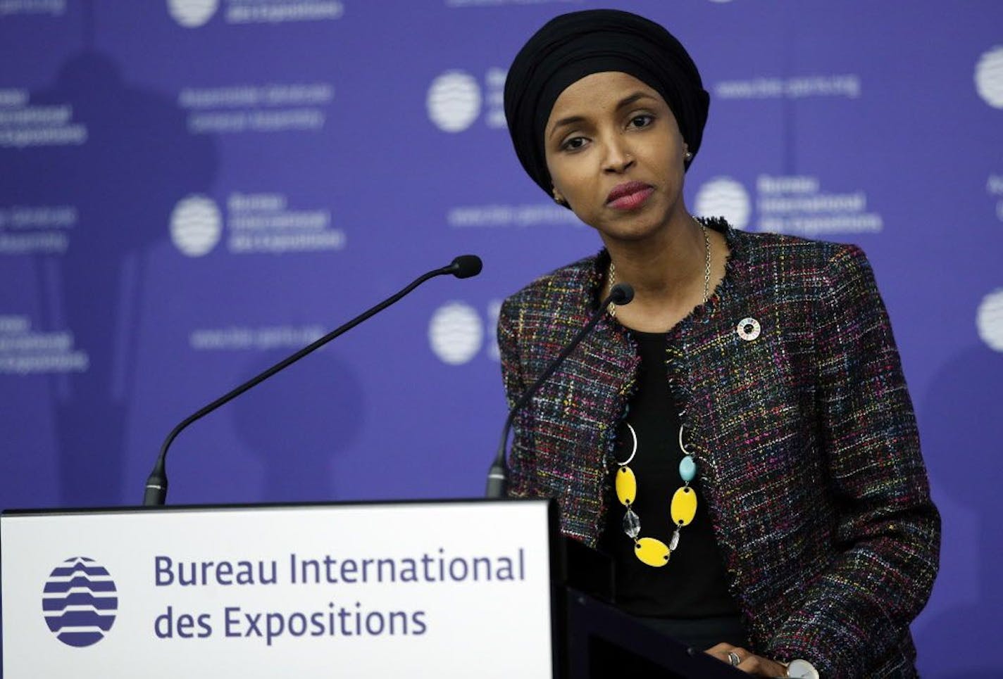 Minneapolis Representative Ilhan Omar delivers a speech at the 162nd General Assembly of BIE, in Paris, Wednesday, Nov. 15, 2017. The Bureau International des Expositions (BIE) is the intergovernmental organisation in charge of overseeing and regulating World Expos, since 1931. Argentina will host Specialised Expo 2022/23.