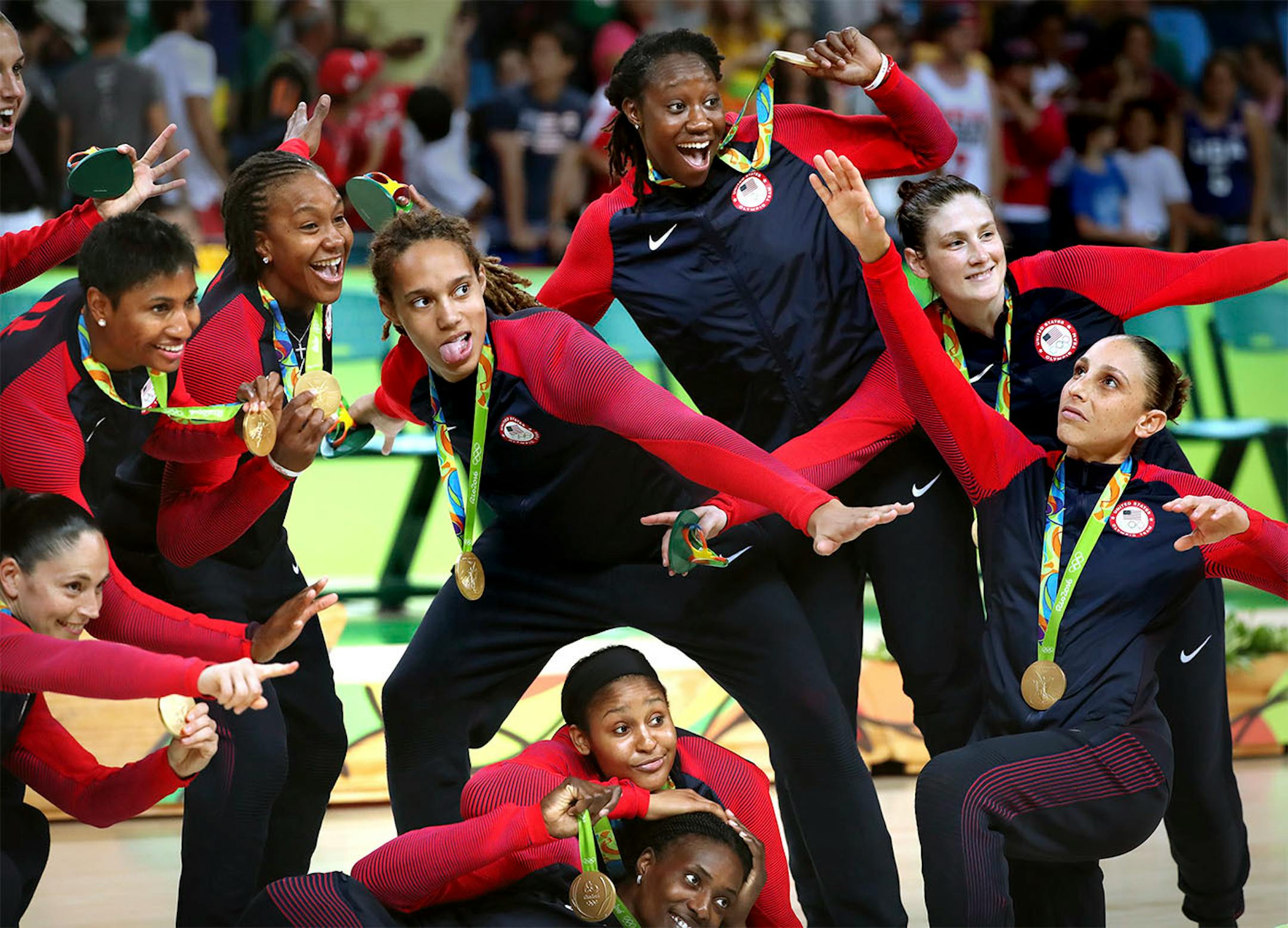 The USA�s Gold medal basketball team poses with their medals after the medal ceremony. The Lynx's Lindsay Whalen (top right) scored 17 points off the bench in the victory, giving the U.S. women's basketball team its sixth consecutive gold medal.