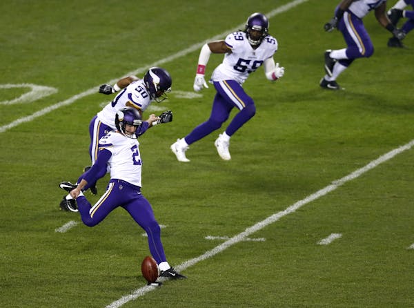 Minnesota Vikings' Kai Forbath (2) boots the opening kickoff to the Chicago Bears to start an NFL football game, Monday, Oct. 9, 2017, in Chicago. (AP