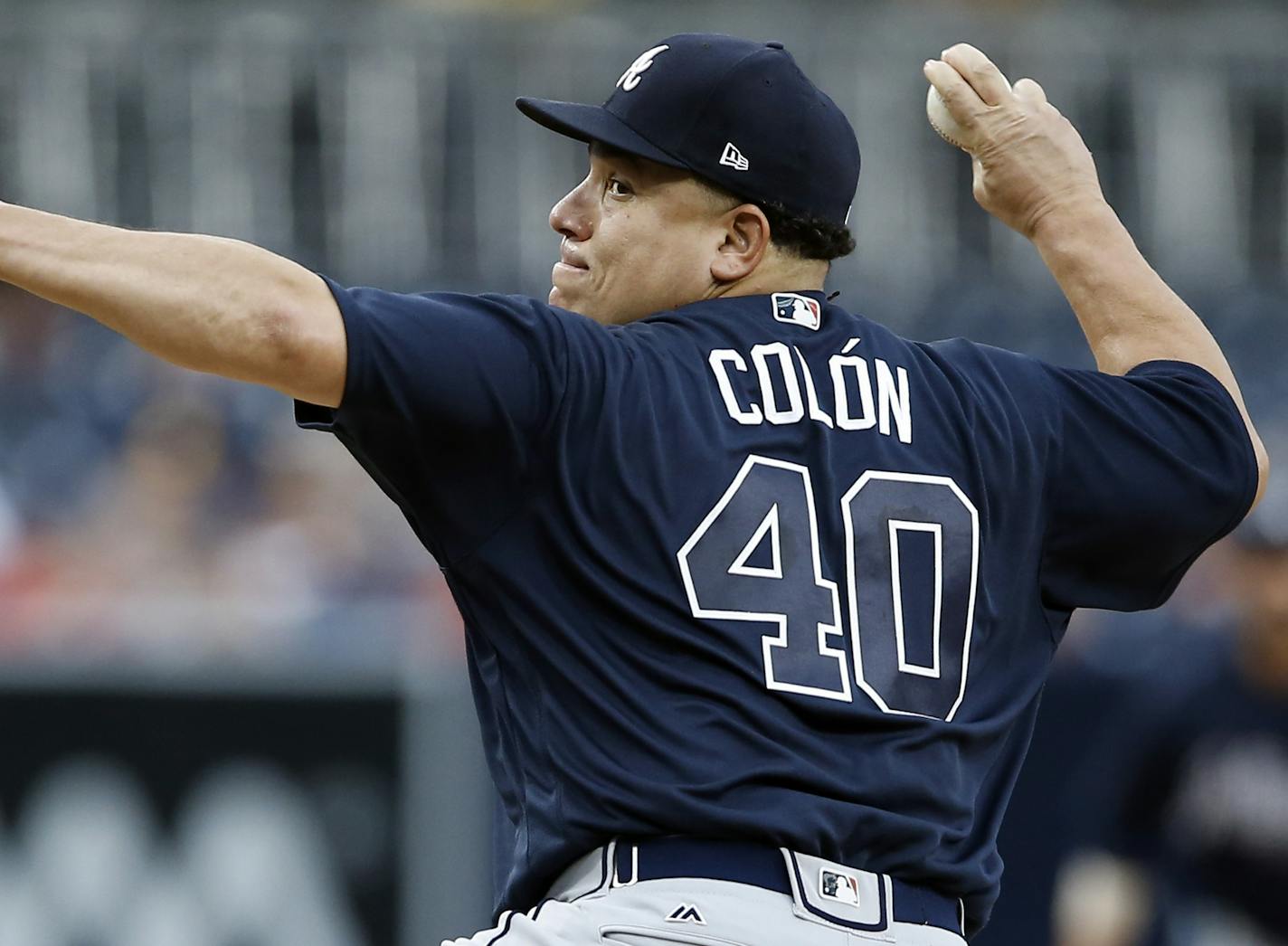 Atlanta Braves starting pitcher Bartolo Colon throws to the plate during the first inning of a baseball game against the San Diego Padres in San Diego, Wednesday, June 28, 2017. (AP Photo/Alex Gallardo) ORG XMIT: OTKAG