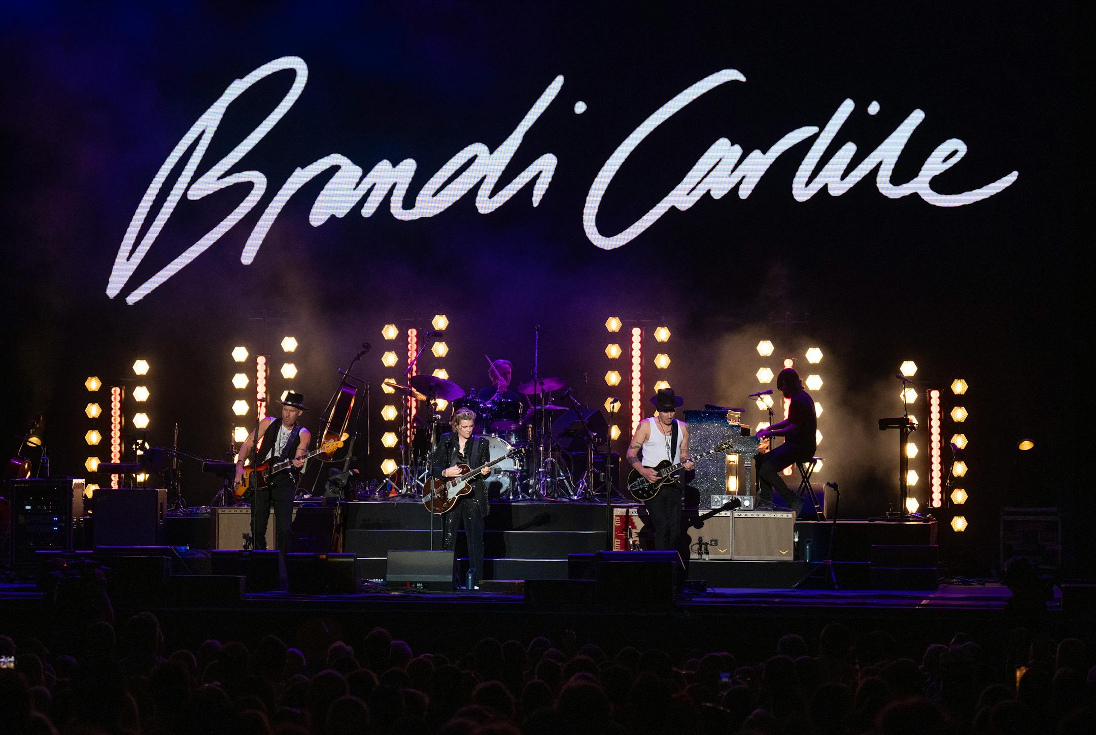 Brandi Carlile and her band early in their set at the State Fair Grandstand. With Wynonna Judd opening, Brandi Carlile headlined a sold out show at the State Fair Grandstand Tuesday night, August 29, 2023 in Falcon Heights. ] JEFF WHEELER • jeff.wheeler@startribune.com