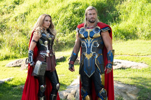 (L-R): Natalie Portman as Mighty Thor and Chris Hemsworth as Thor in Marvel Studios' THOR: LOVE AND THUNDER. Photo by Jasin Boland. ©Marvel Studios 2