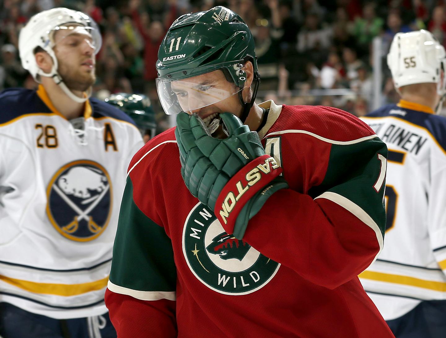 Zach Parise (11) skated away from the net after scoring a goal in the first period. ] CARLOS GONZALEZ &#xef; cgonzalez@startribune.com - October 1, 2015, St. Paul, MN, Xcel Energy Center, NHL, Minnesota Wild vs. Buffalo Sabres