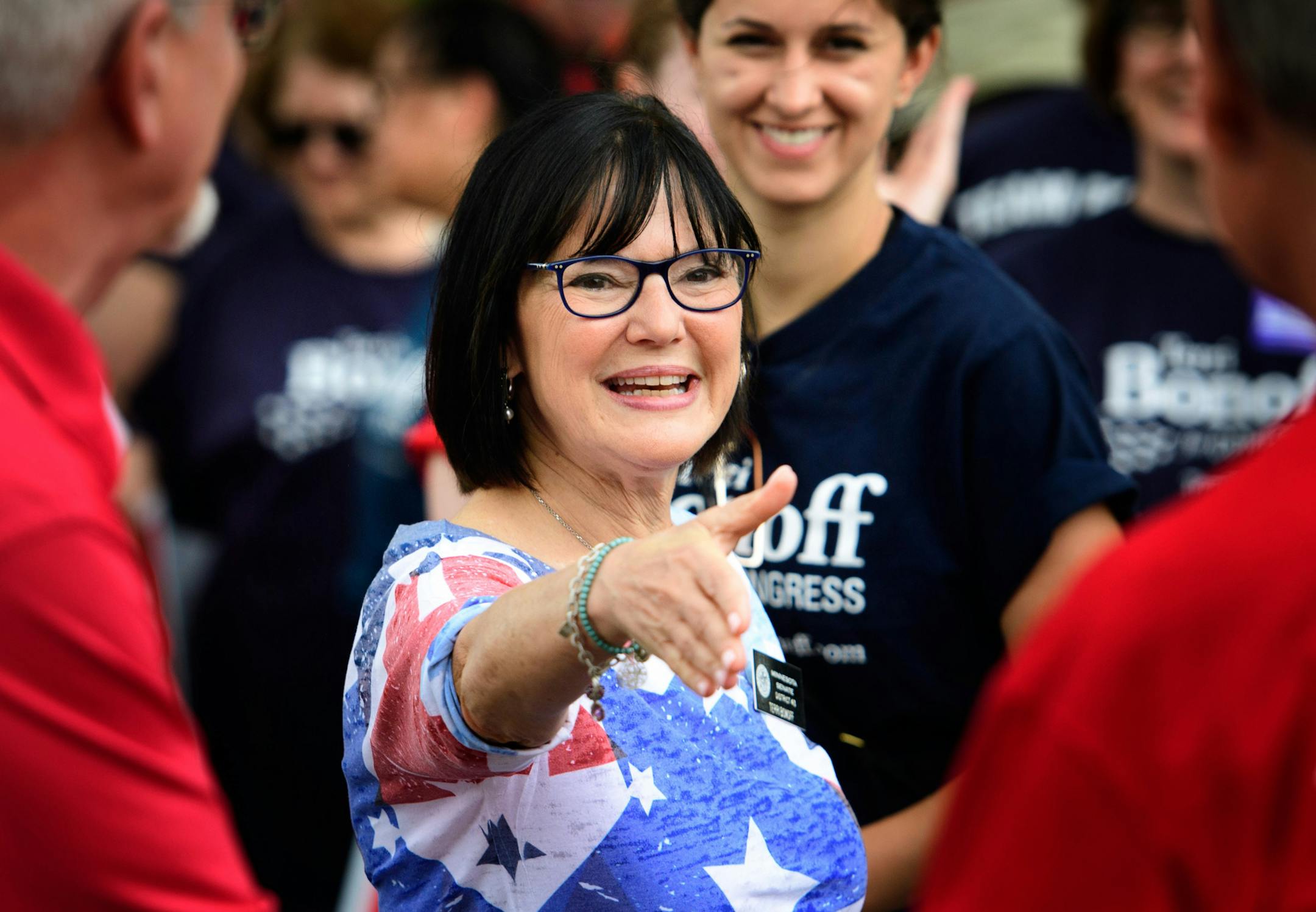 DFL State Senator Terri Bonoff greeted people at the Edina Fourth of July parade. Her opponent, incumbent Republican Congressman Erik Paulsen also marched in the parade. ] GLEN STUBBE * gstubbe@startribune.com Monday, July 4, 2016 The Edina Fourth of July parade. EDS, for use with any appropriate story. GS ORG XMIT: MIN1607061925511829 ORG XMIT: MIN1608111948580114