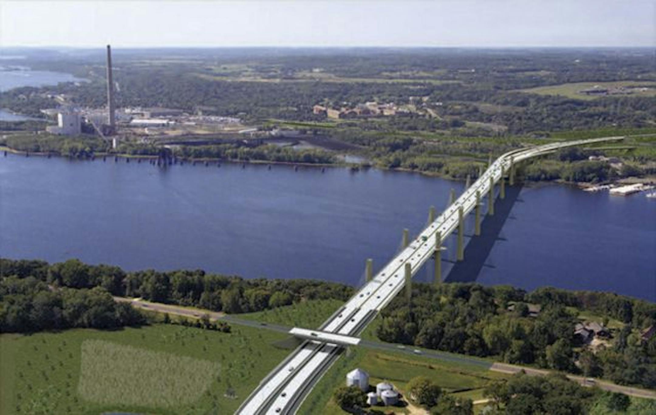 This artist rendering released by the Minnesota Department of Transportation shows an aerial view looking west that shows the St. Croix River Crossing being built between Oak Park Heights, Minn., and St. Joseph, Wis.