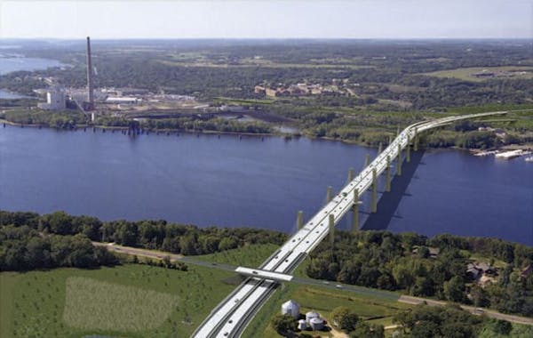 This artist rendering released by the Minnesota Department of Transportation shows an aerial view looking west that shows the St. Croix River Crossing