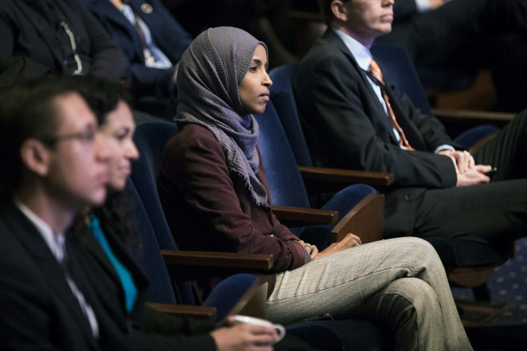 Representative-elect Ilhan Omar (D-Minn.) during a House freshmen class orientation in the Capitol Visitors Center Auditorium in Washington, Nov. 15, 2018.