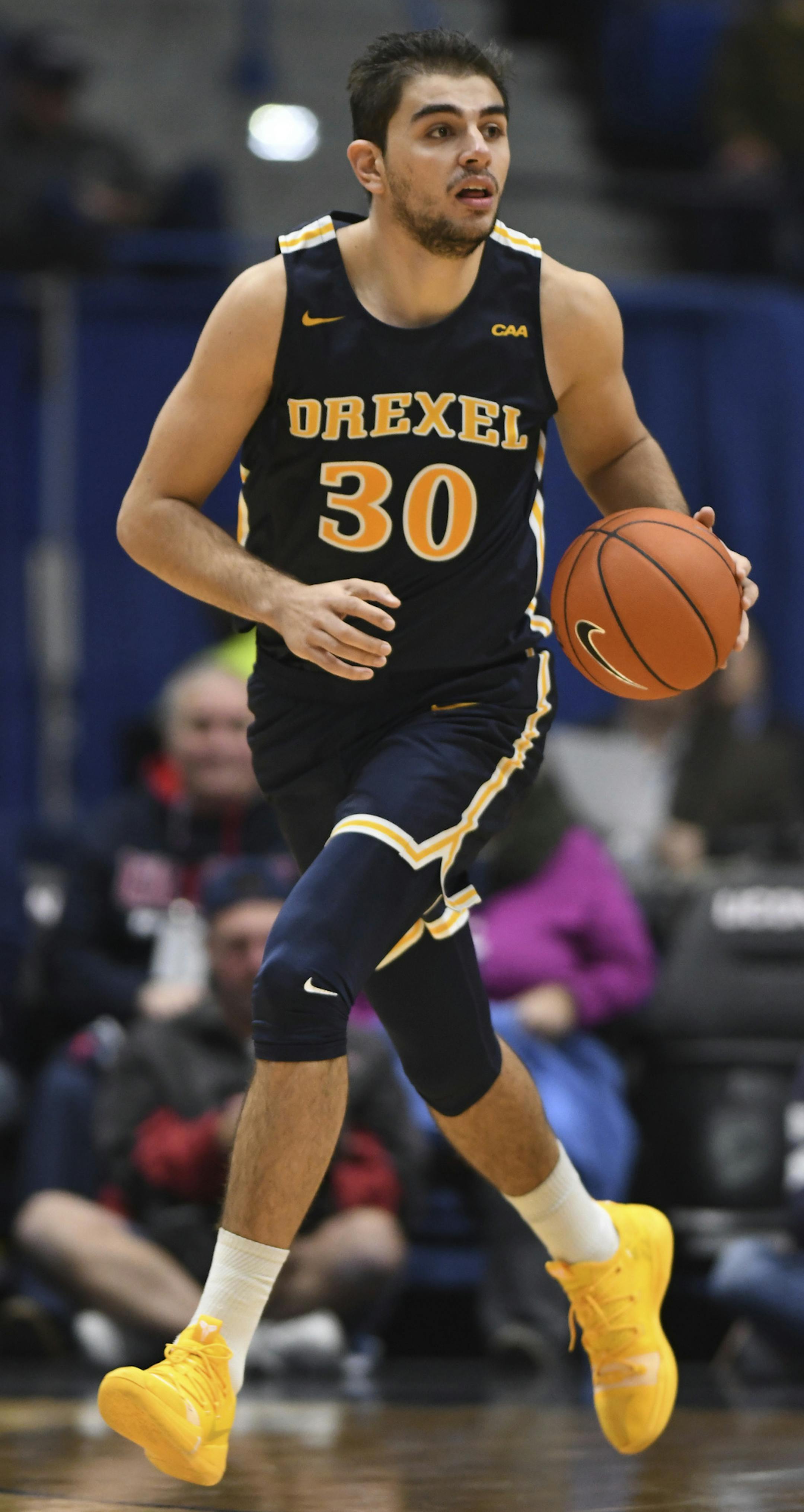 STORRS, CT - DECEMBER 18: Drexel Dragons forward Alihan Demir (30) handles the ball during the game as the Drexel Dragons take on the UConn Huskies on December 18, 2018 at the XL Center in Hartford, Connecticut. (Photo by Williams Paul/Icon Sportswire) (Icon Sportswire via AP Images) ORG XMIT: 320613