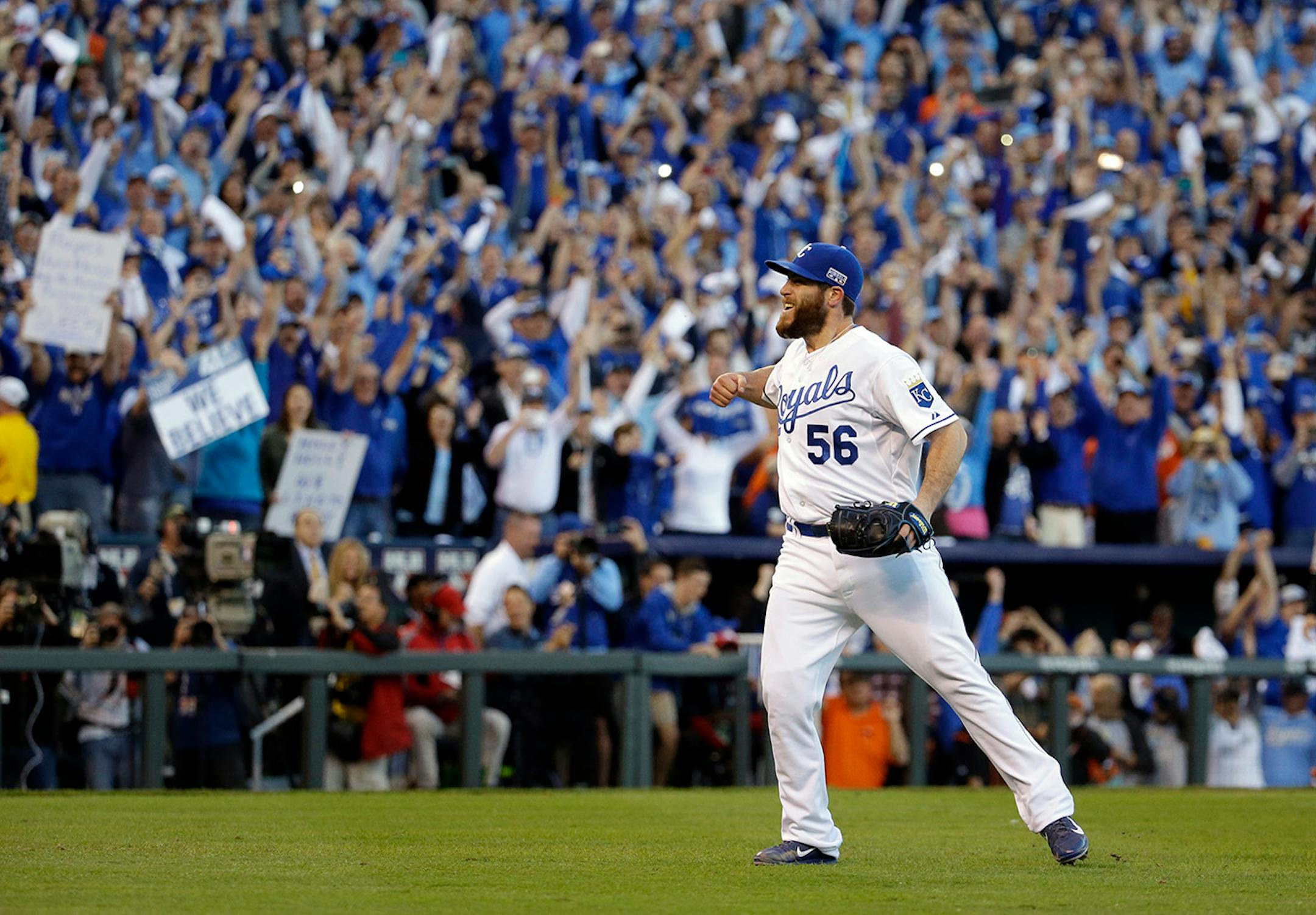 Kansas City Royals relief pitcher Greg Holland celebrates after the Royals defeated against the Baltimore Orioles 2-1 in Game 4 of the American League baseball championship series Wednesday, Oct. 15, 2014, in Kansas City, Mo. The Royals advance to World Series. (AP Photo/Charlie Riedel)