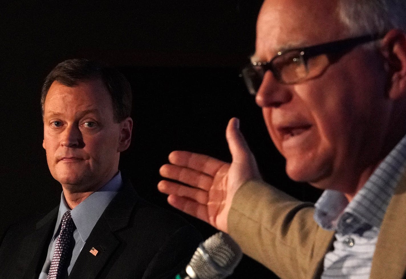 Minnesota gubernatorial candidate Hennepin County Commissioner Jeff Johnson, republican, along with Congressman Tim Walz, DFL, participated in the &#xec;Greater Minnesota Debate&#xee; in Willmar. ] ANTHONY SOUFFLE &#xef; anthony.souffle@startribune.com Minnesota gubernatorial candidates Hennepin County Commissioner Jeff Johnson and Congressman Tim Walz participated in the &#xec;Greater Minnesota Debate&#xee; Tuesday, Oct. 9, 2018 at the MinnWest Technology Campus in Willmar, Minn.