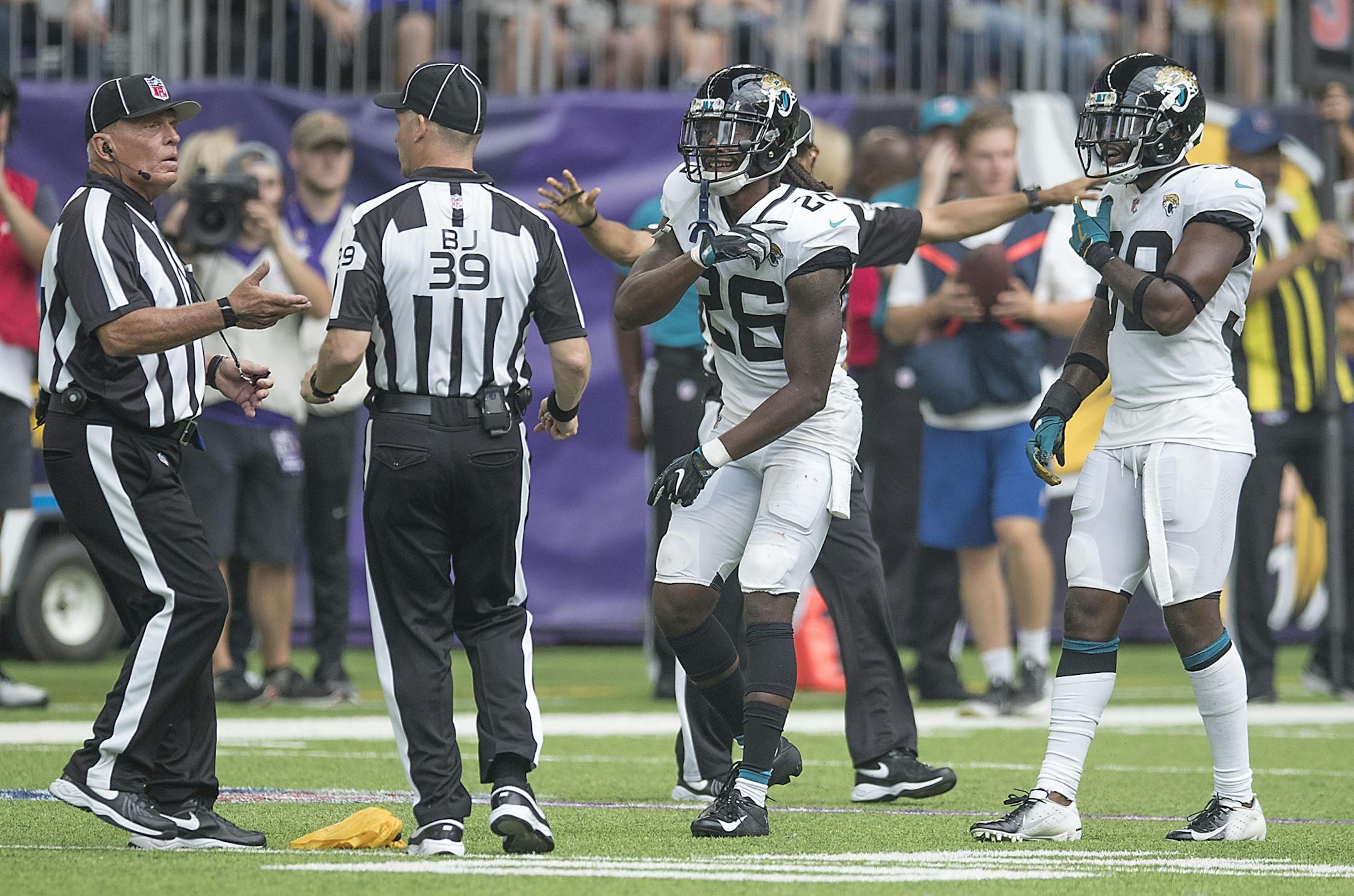 Referees discussed the penalty on Jacksonville's defensive back Jarrod Wilson during the fourth quarter the Minnesota Vikings took on the Jacksonville Jaguars at US Bank Stadium, Saturday, August 18, 2018 in Minneapolis, MN.
