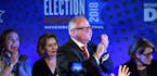 Governor-elect Tim Walz takes the stage for his acceptance speech at the DFL headquarters election party on Tuesday, Nov. 6, 2018, at the Intercontine